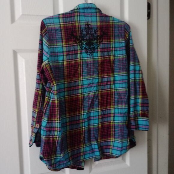 Soft Surroundings Shirt Sz PM Flannel Button Black Velvet Cuffs Appliqués Pride - Picture 4 of 6